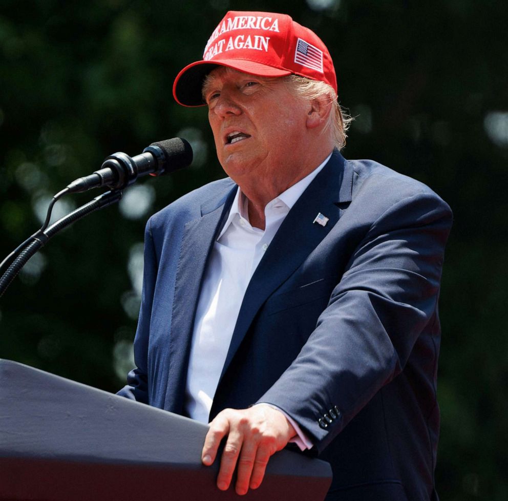 PHOTO: Former President and 2024 Republican Presidential hopeful Donald Trump speaks during a campaign rally in Pickens, S.C., on July 1, 2023.