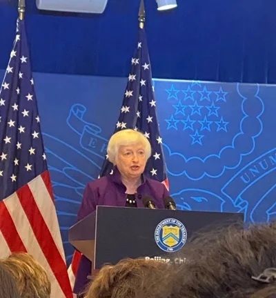 美国财长耶伦在北京的记者会上（第一财经记者摄）