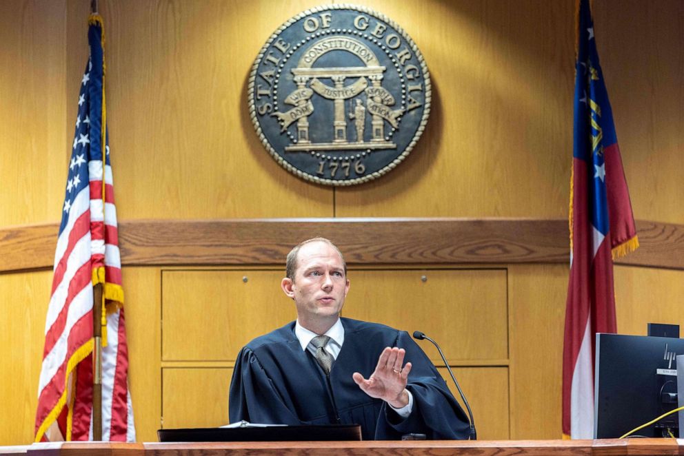 PHOTO: Judge Scott McAfee presides over a hearing regarding media access in the case against former US President Donald Trump and 18 co-defendents, at the Fulton County Courthouse in Atlanta, on Aug. 31, 2023.